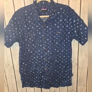 Patagonia Men's Sz MD Shirt Blue Hemp Organic Cotton Outdoor Short Sleeve Button